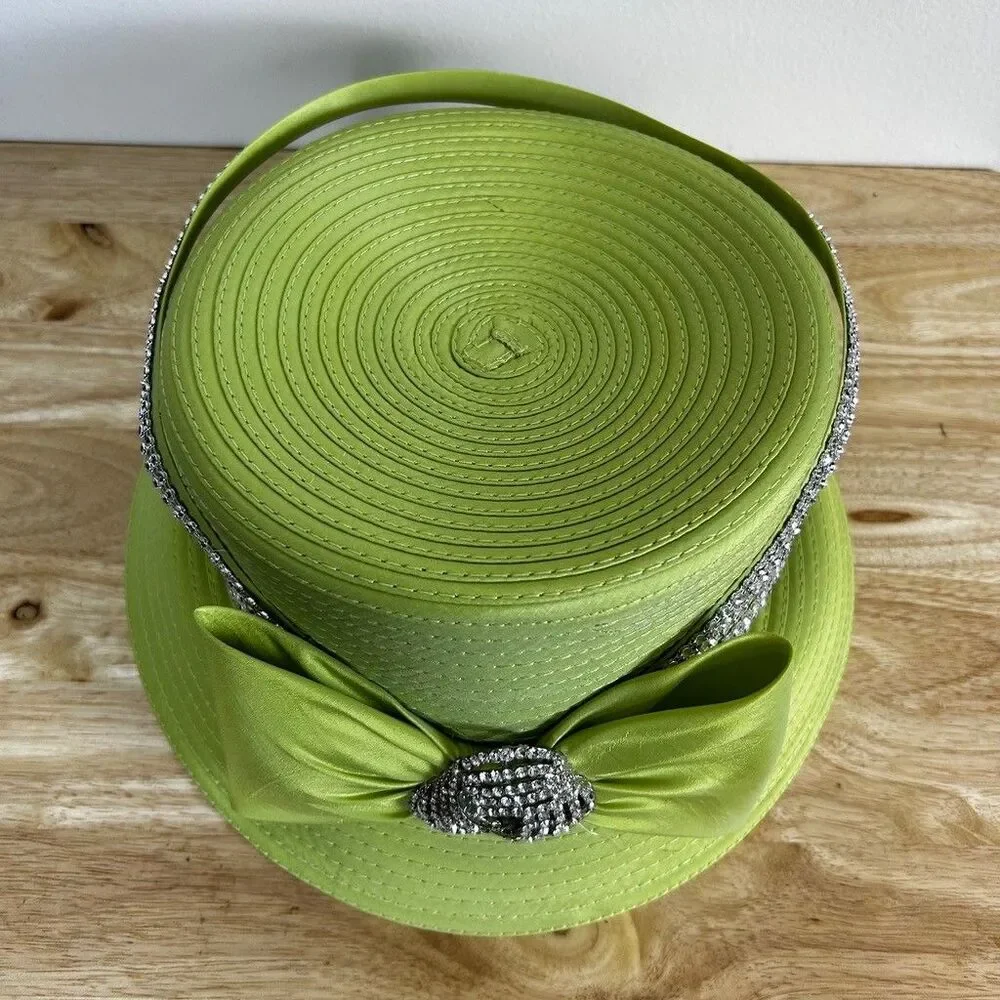 Vintage Lime Green Church Hat Rhinestone Bow Accent Derby Pillbox Style